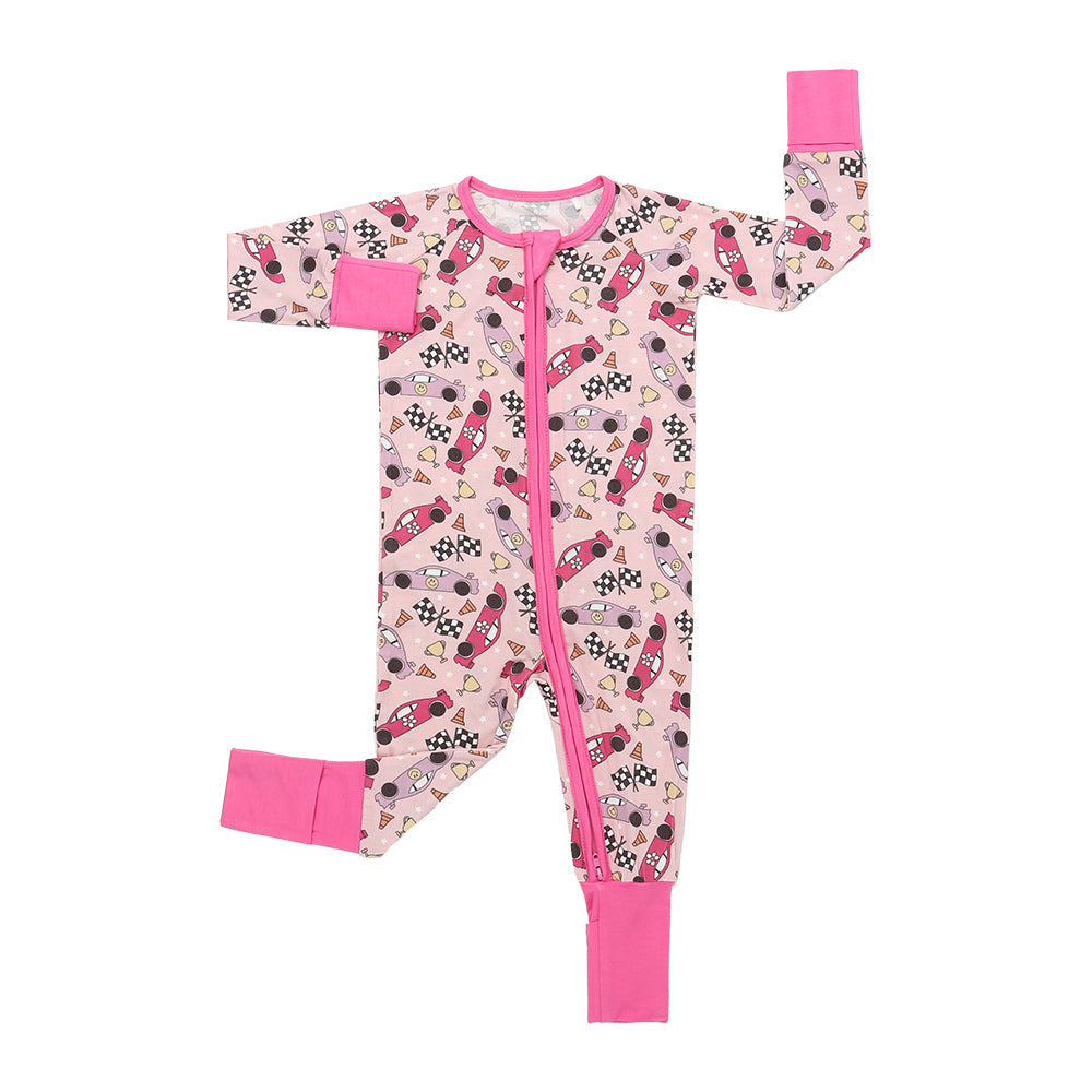 Bamboo Zippered Romper in Pink Race Cars