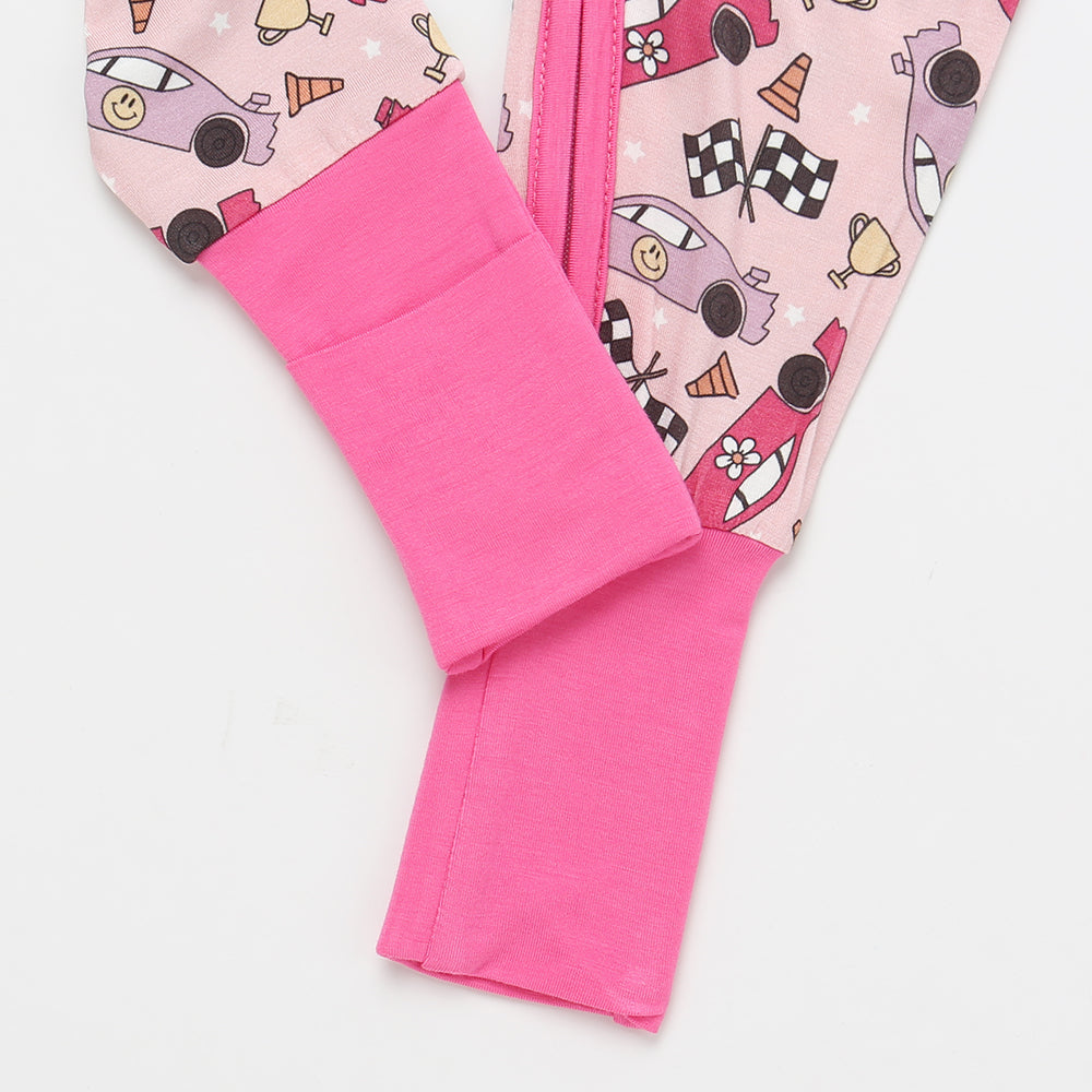 Bamboo Zippered Romper in Pink Race Cars
