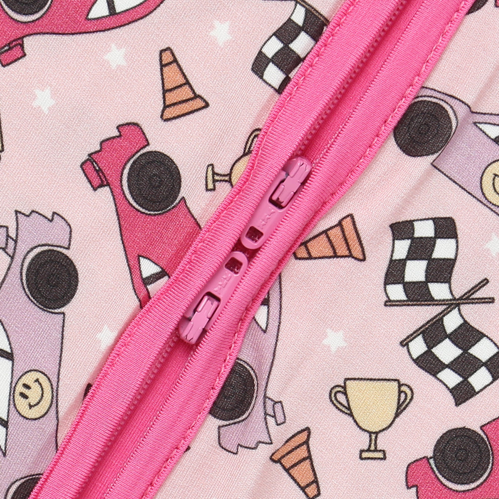 Bamboo Zippered Romper in Pink Race Cars