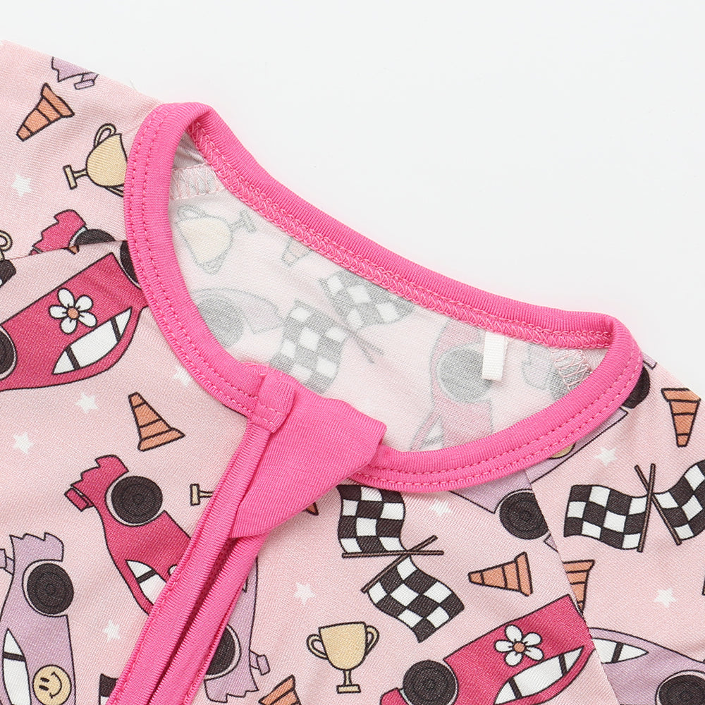 Bamboo Zippered Romper in Pink Race Cars
