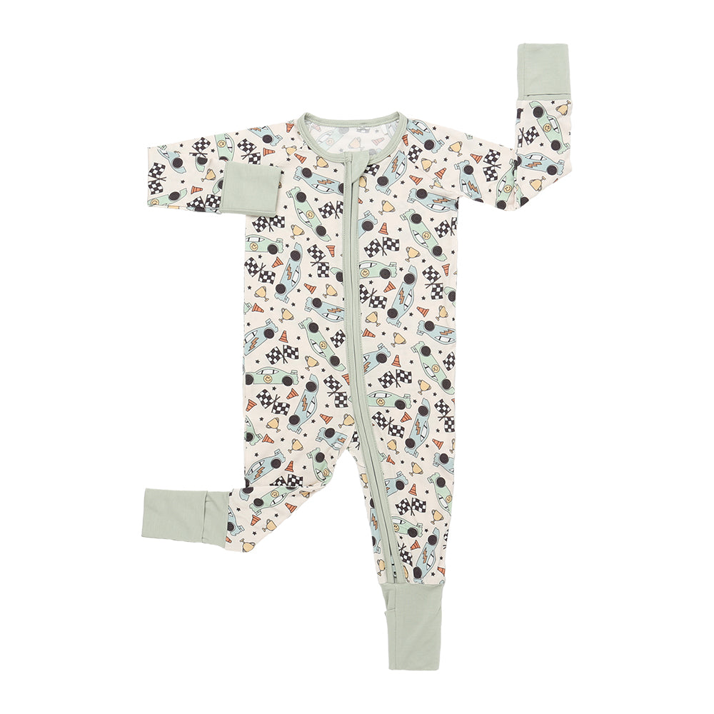 Bamboo Zippered Romper in Race Cars