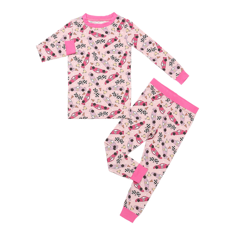 Bamboo Long Sleeve Pajamas in Pink Race Cars