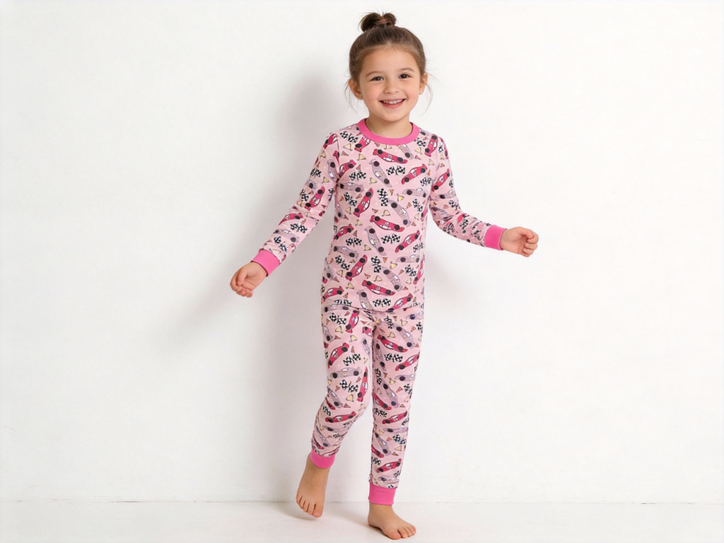 Bamboo Long Sleeve Pajamas in Pink Race Cars